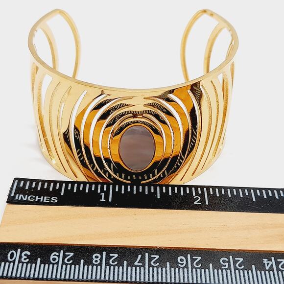 Gold Tone Open Work Cuff Bracelet w/ Mother of Pearl Center - Picture 6 of 7